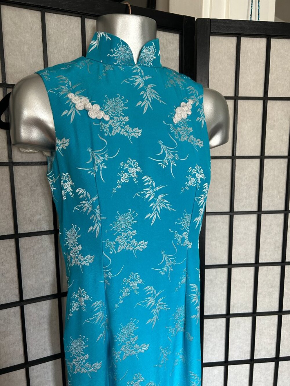 Y2K Floral Cheongsam Dress (XS) blue vintage maxi white glam evening party chic - Picture 4 of 8